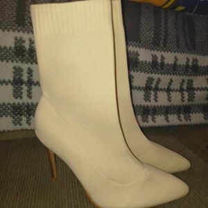 Cream Stretch-Knit Sock Stiletto Booties